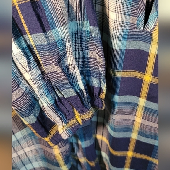St John's Baysize 3x lightweight cotton/rayon plaid blues,yellow oversized flowy - Picture 3 of 8